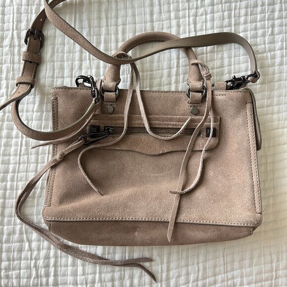 Rebecca Minkoff Mini Regan Satchel Suede Leather Taupe Beige Crossbody Tote - Picture 1 of 13